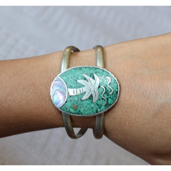 Vtg Taxco Cuff Inlayed Abalone & Turquoise mosaic Bracelet Sterling 27.5g Patina - Picture 1 of 10